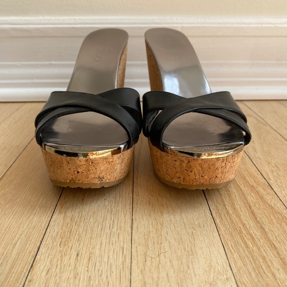 Jimmy Choo Black Leather Cork Wedge Sandals – Size Approx. 8 - Picture 3 of 10